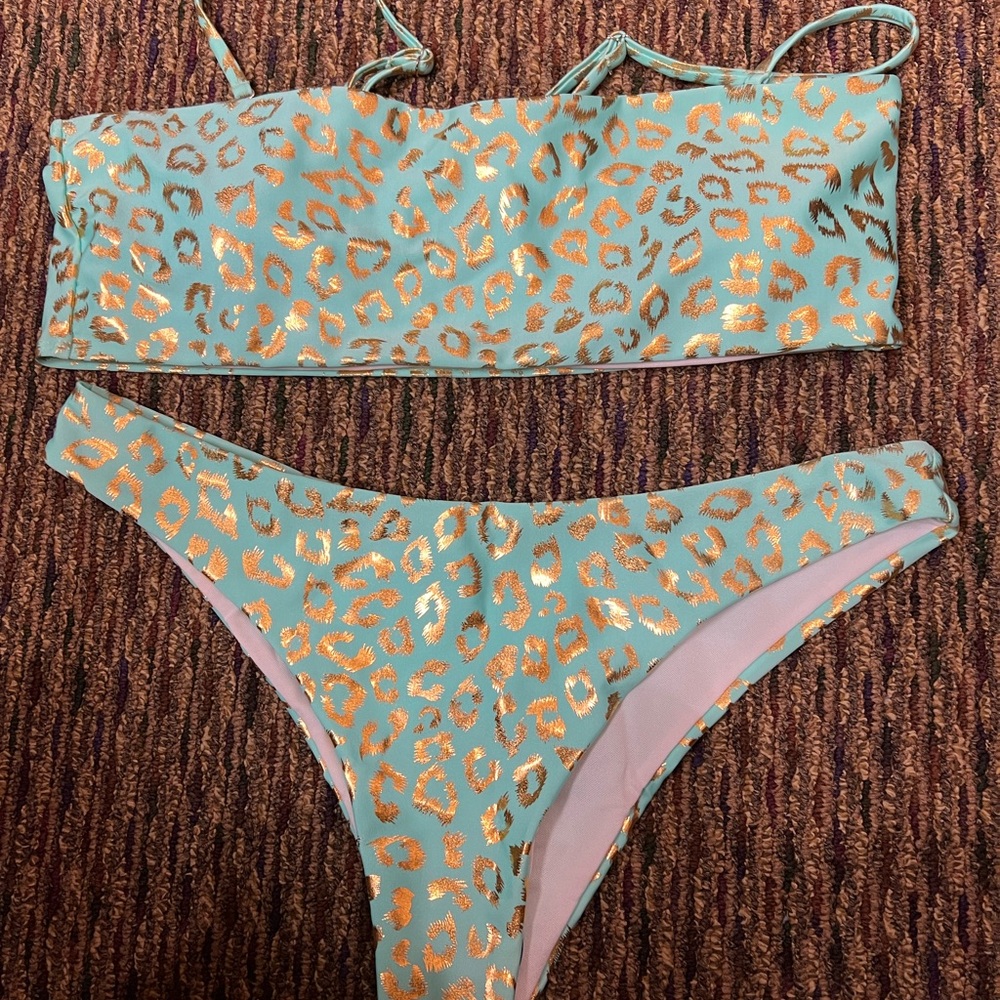 ZAFUL metallic gold cheetah bathing suit brand new